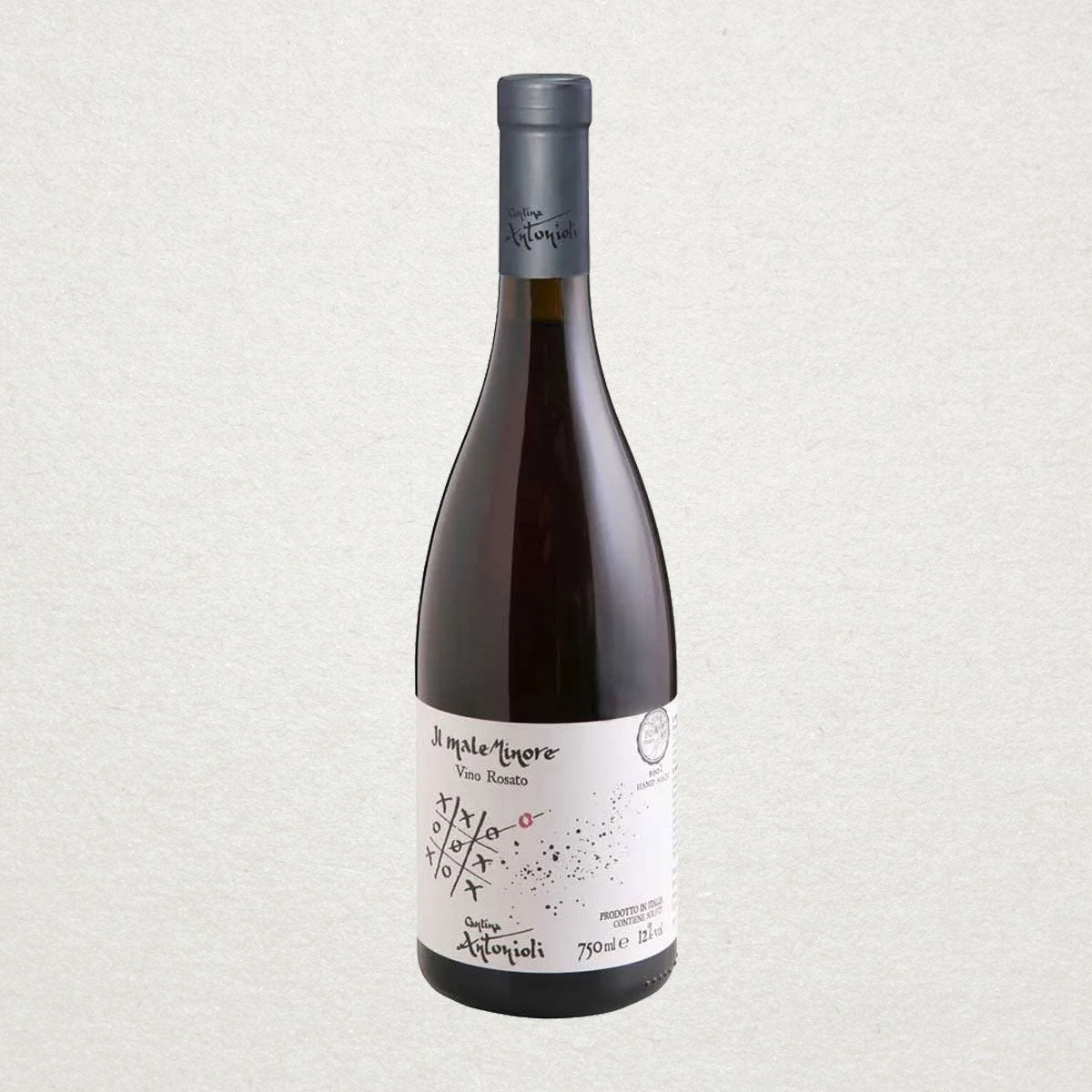 Full bottle of Il Male Minore by Cantina Antonioli, an elegant natural Nebbiolo from the steep stone terraces of Valtellina, crafted with traditional methods and minimal intervention