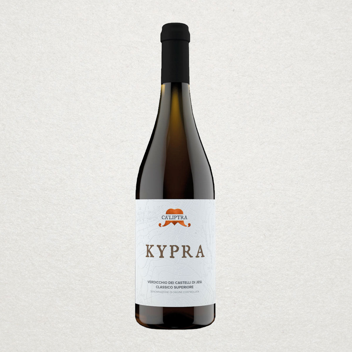 Ca’Liptra Kypra displayed in a styled setting, representing natural Italian white wine from Cupramontana, with vibrant acidity and textured depth