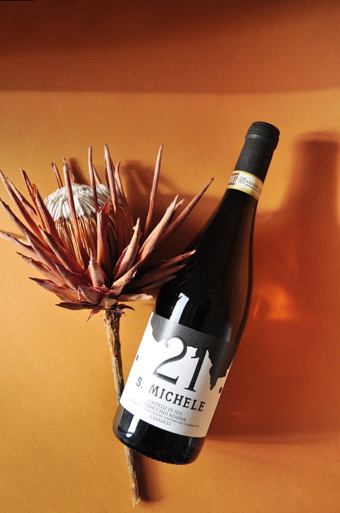 Styled image of Ca’Liptra’s S. Michele Verdicchio, a natural white wine from Marche — showcasing the elegance and complexity of Italy’s finest high-altitude Verdicchio vineyards