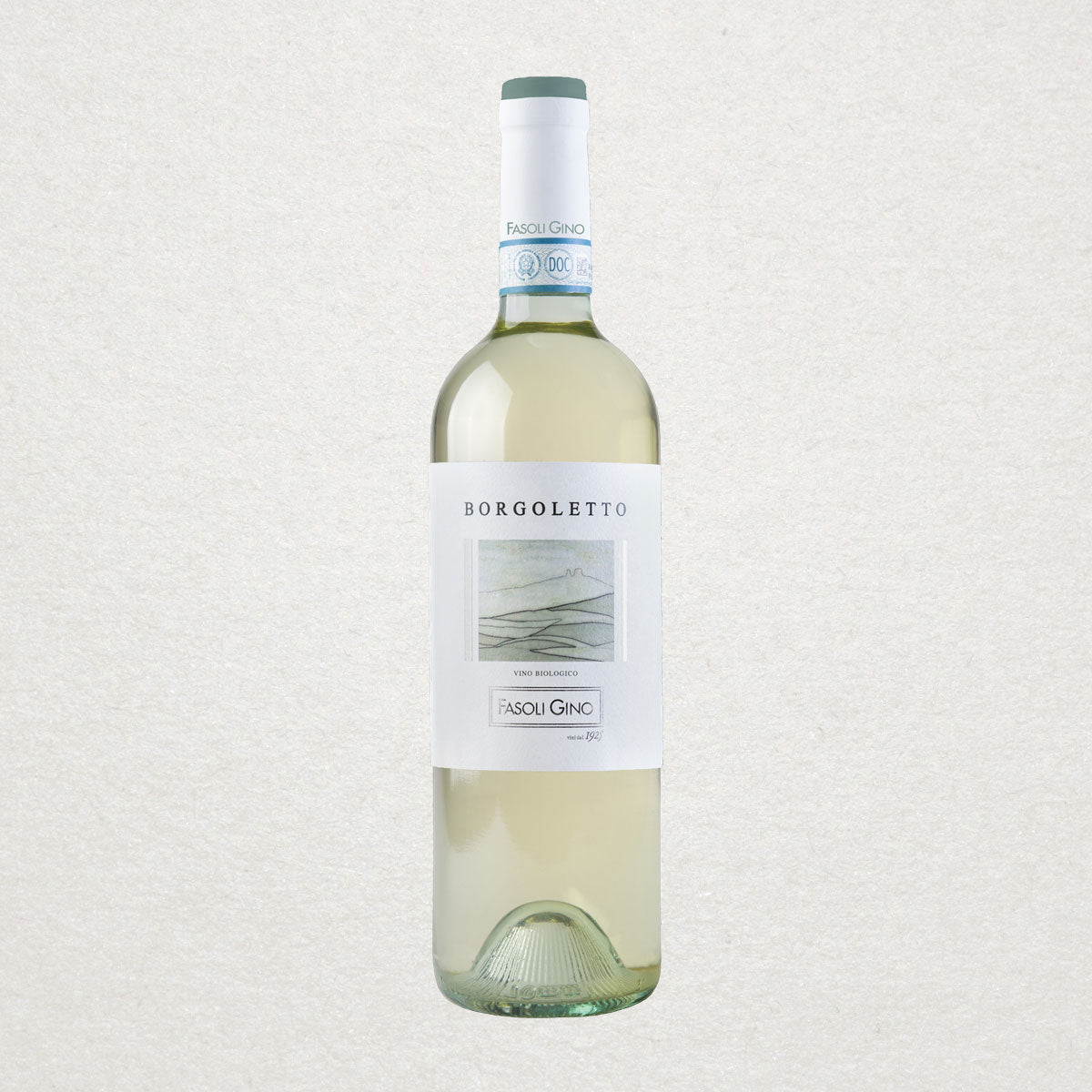 Full bottle of Fasoli Gino Borgoletto Soave — a fresh and mineral-driven organic white wine from the Soave DOC, crafted with low-intervention methods
