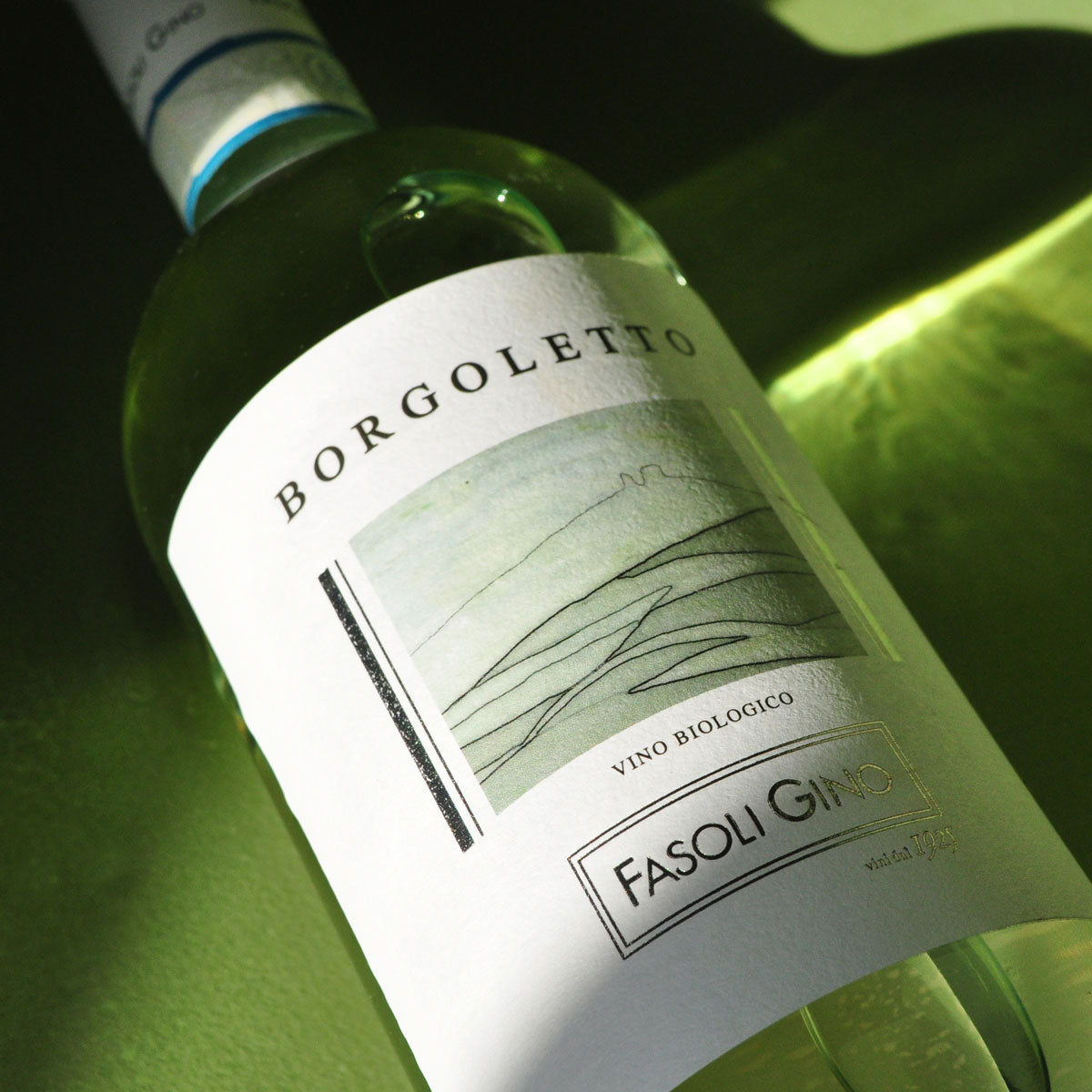 Close-up of Fasoli Gino Borgoletto Soave label — a biodynamic and organic white wine from Veneto made with 100% Garganega grapes