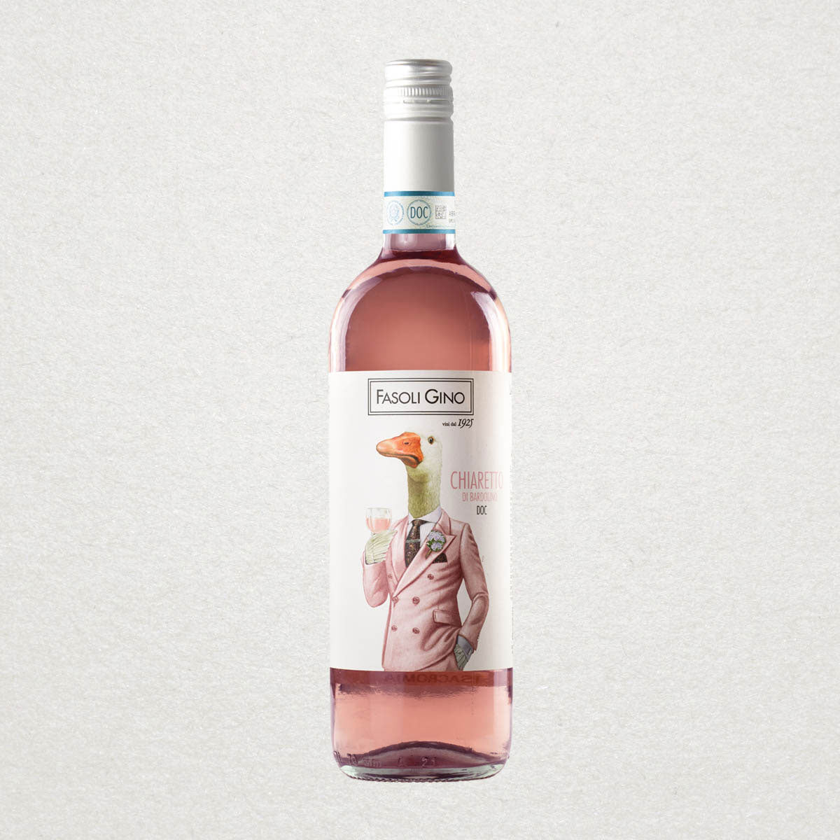 Full bottle of Fasoli Gino Chiaretto di Bardolino — a fresh, pale organic rosé from Verona with floral notes, wild berries, and crisp acidity