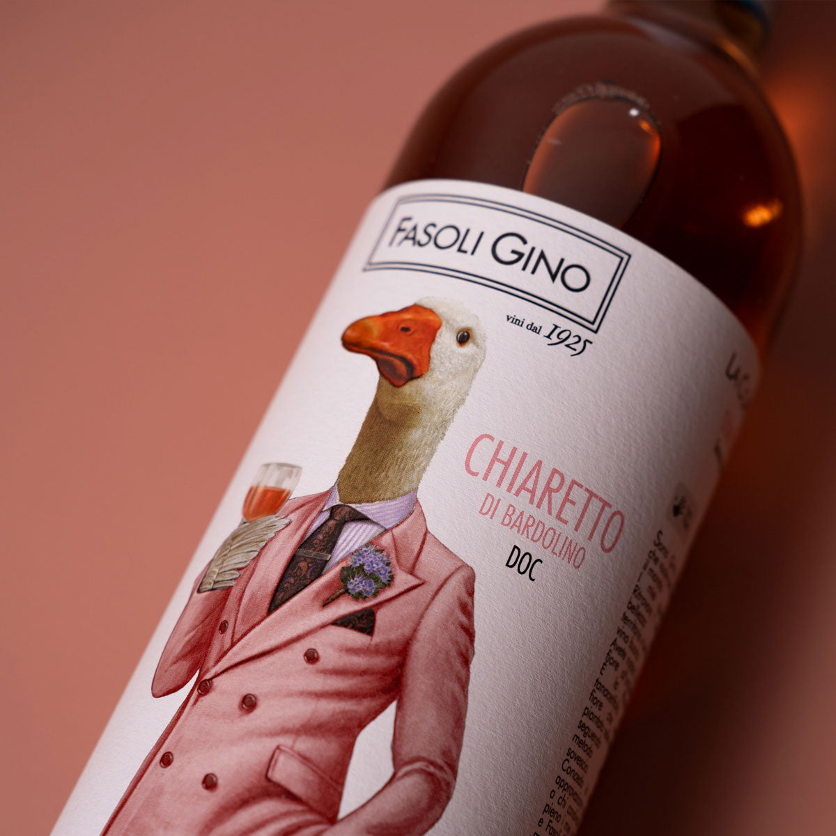 Close-up of Fasoli Gino Chiaretto di Bardolino label — a biodynamic and organic rosé wine from Veneto, made with native grapes and minimal intervention