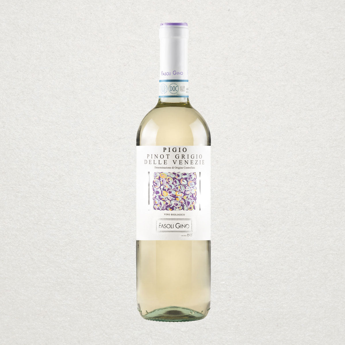 Full bottle of Fasoli Gino Pinot Grigio — an organic and biodynamic Italian white wine offering freshness, minerality, and delicate citrus notes