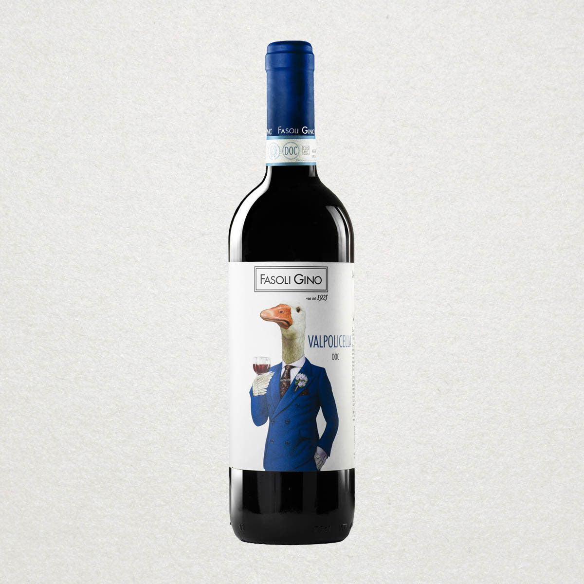 Full bottle of Fasoli Gino Valpolicella — a fresh, vibrant red wine from Verona, made using biodynamic farming and minimal-intervention winemaking