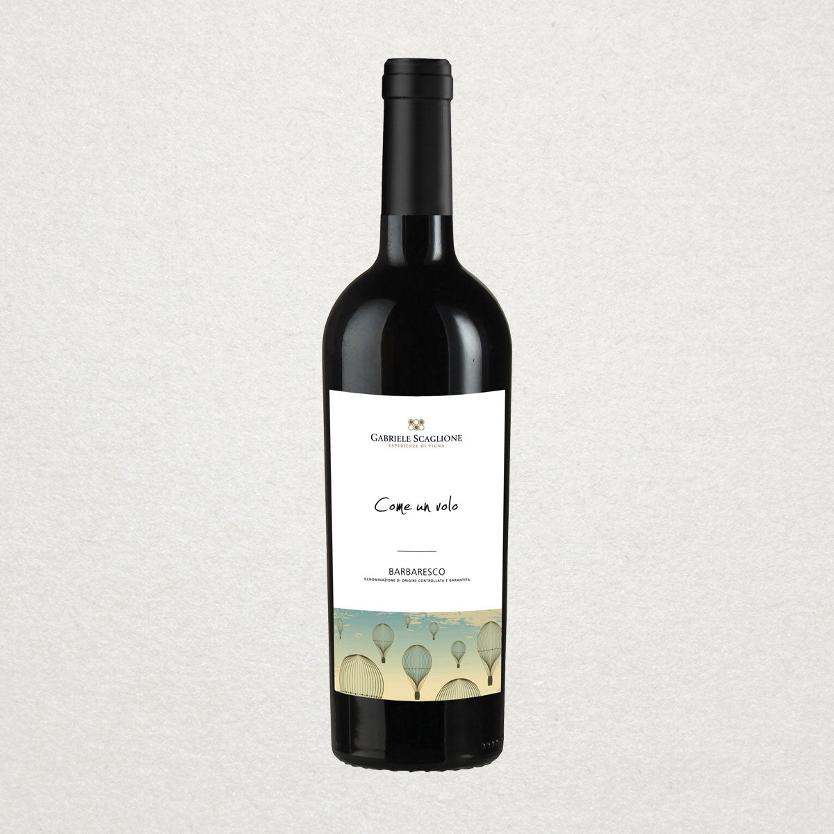 Full bottle of Gabriele Scaglione Barbaresco — an elegant, sustainably made red wine from Piedmont, offering floral notes, red fruit, and fine tannins