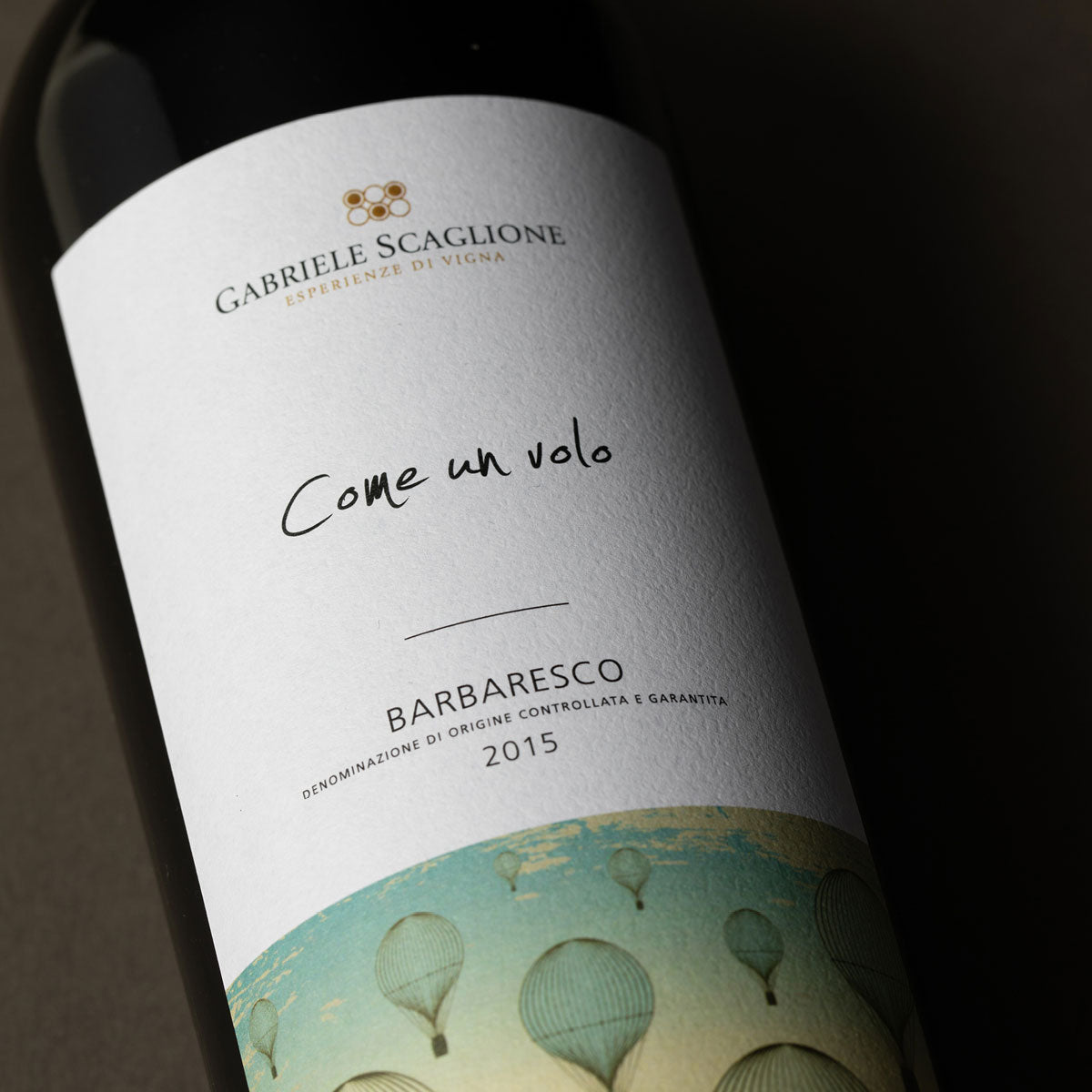 Close-up of Gabriele Scaglione Barbaresco label — a sustainable Italian red wine from Piedmont, crafted with 100% Nebbiolo and traditional aging