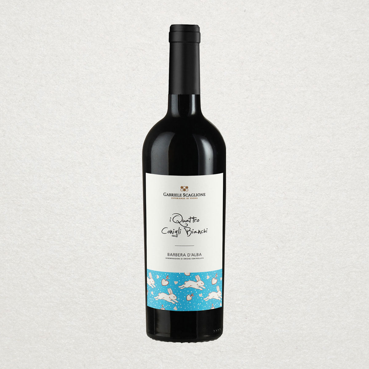Full bottle of Gabriele Scaglione Barbera — an organic-inspired red wine from Langhe, with juicy red fruit, soft tannins, and sustainable vineyard practices