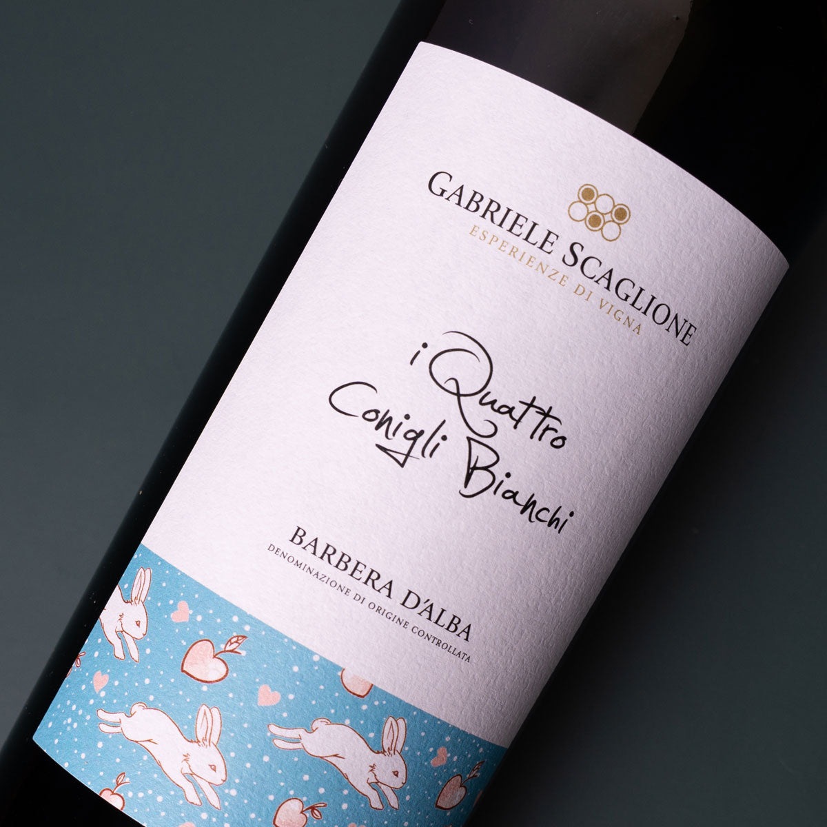Close-up of Gabriele Scaglione Barbera label — a sustainable Italian red wine from Piedmont, highlighting the vibrant character of this native grape