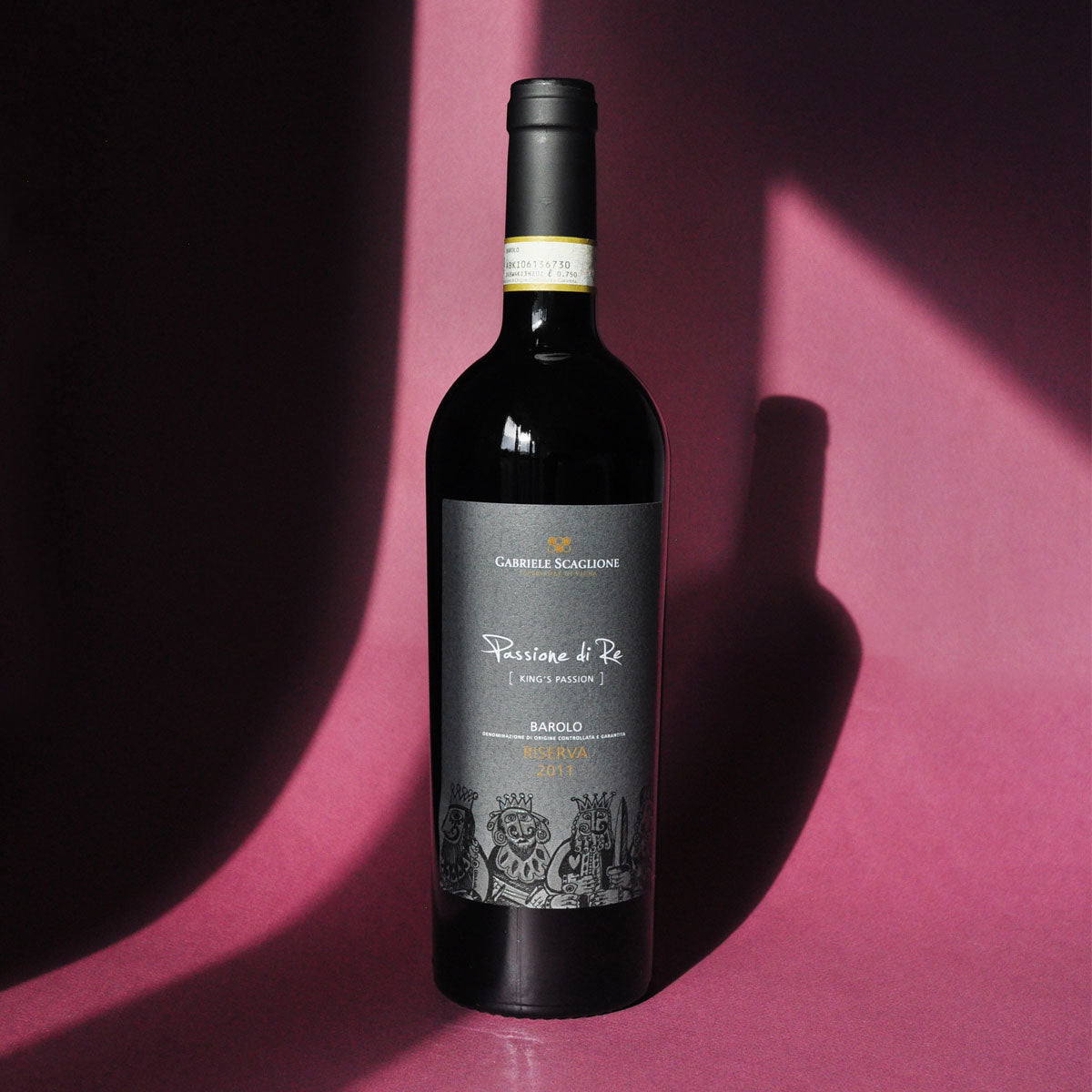 Styled image of Gabriele Scaglione’s Barolo Riserva — a complex and age-worthy Italian red wine, reflecting the heritage and grandeur of the Langhe hills