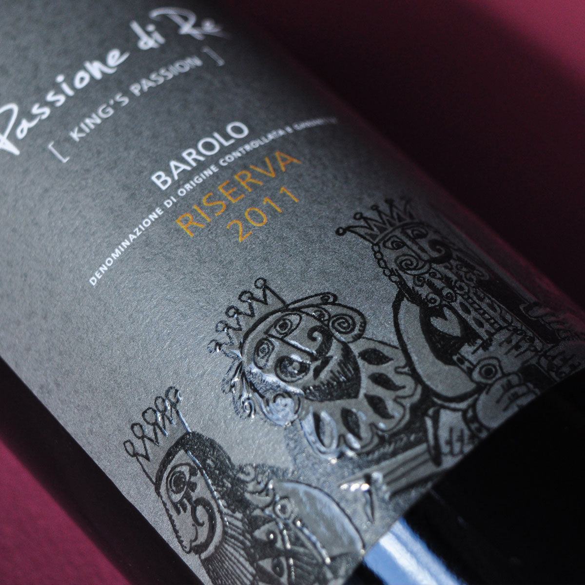 Close-up of Gabriele Scaglione Barolo Riserva label — a sustainably produced Italian red wine, crafted from 100% Nebbiolo and aged for exceptional depth and elegance