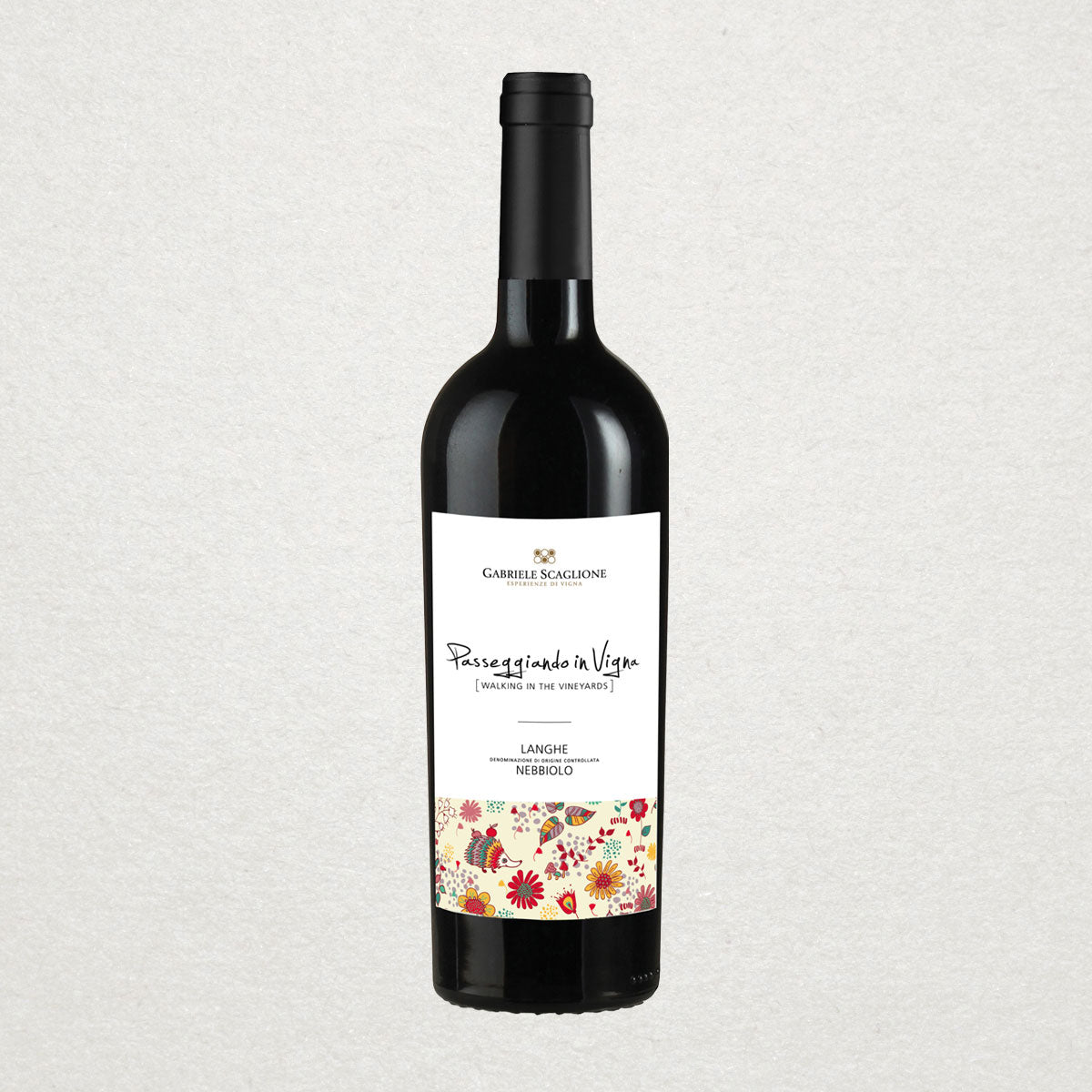 Full bottle of Gabriele Scaglione Langhe Nebbiolo — a fresh, sustainable red wine from the Langhe hills, offering bright red fruit and floral aromas