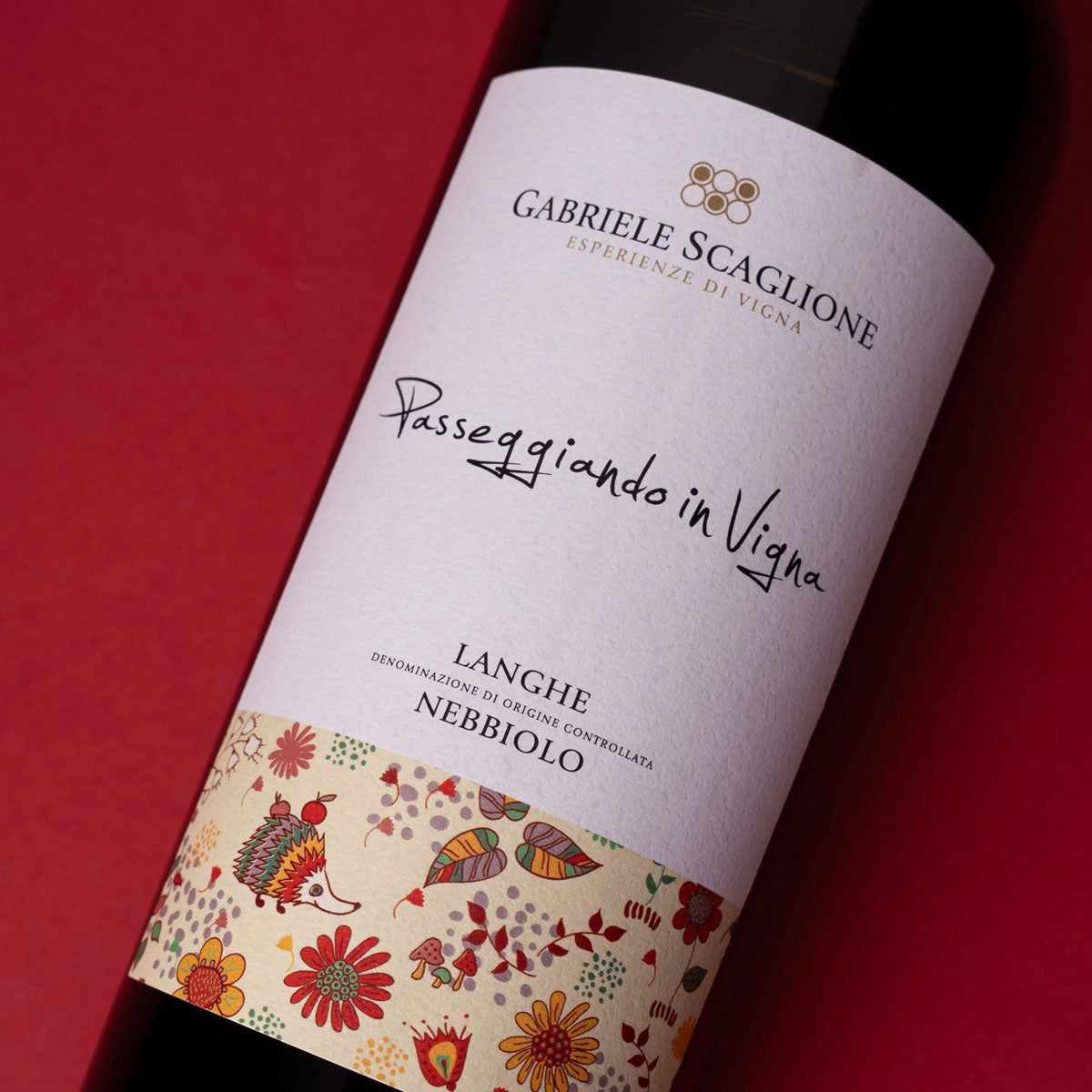 Close-up of Gabriele Scaglione Langhe Nebbiolo label - a sustainably made Piedmontese red wine expressing the elegance and purity of young Nebbiolo