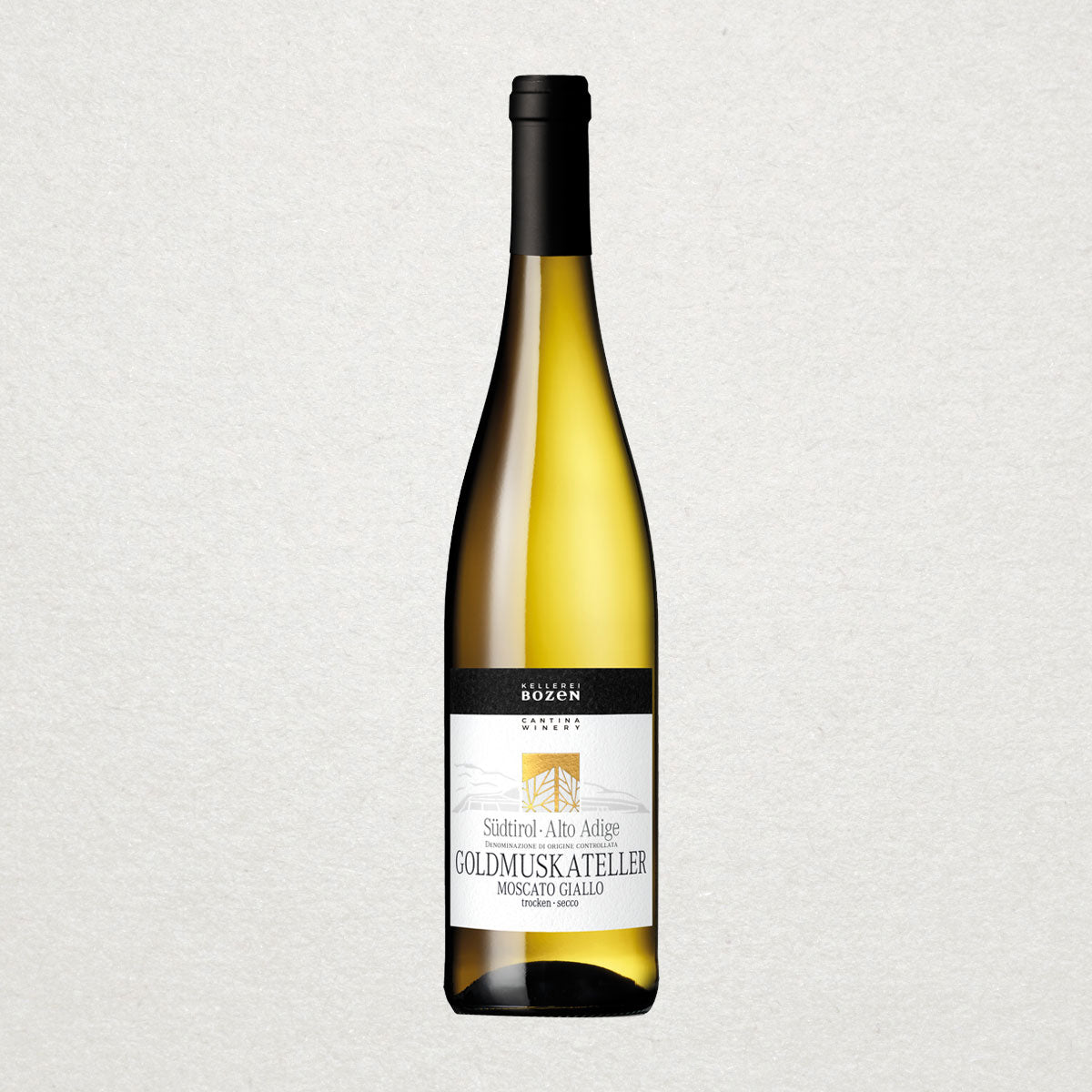 Full bottle of Kellerei Bozen Goldmuskateller — a vibrant, sustainably produced white wine from South Tyrol, known for its floral and exotic fruit notes