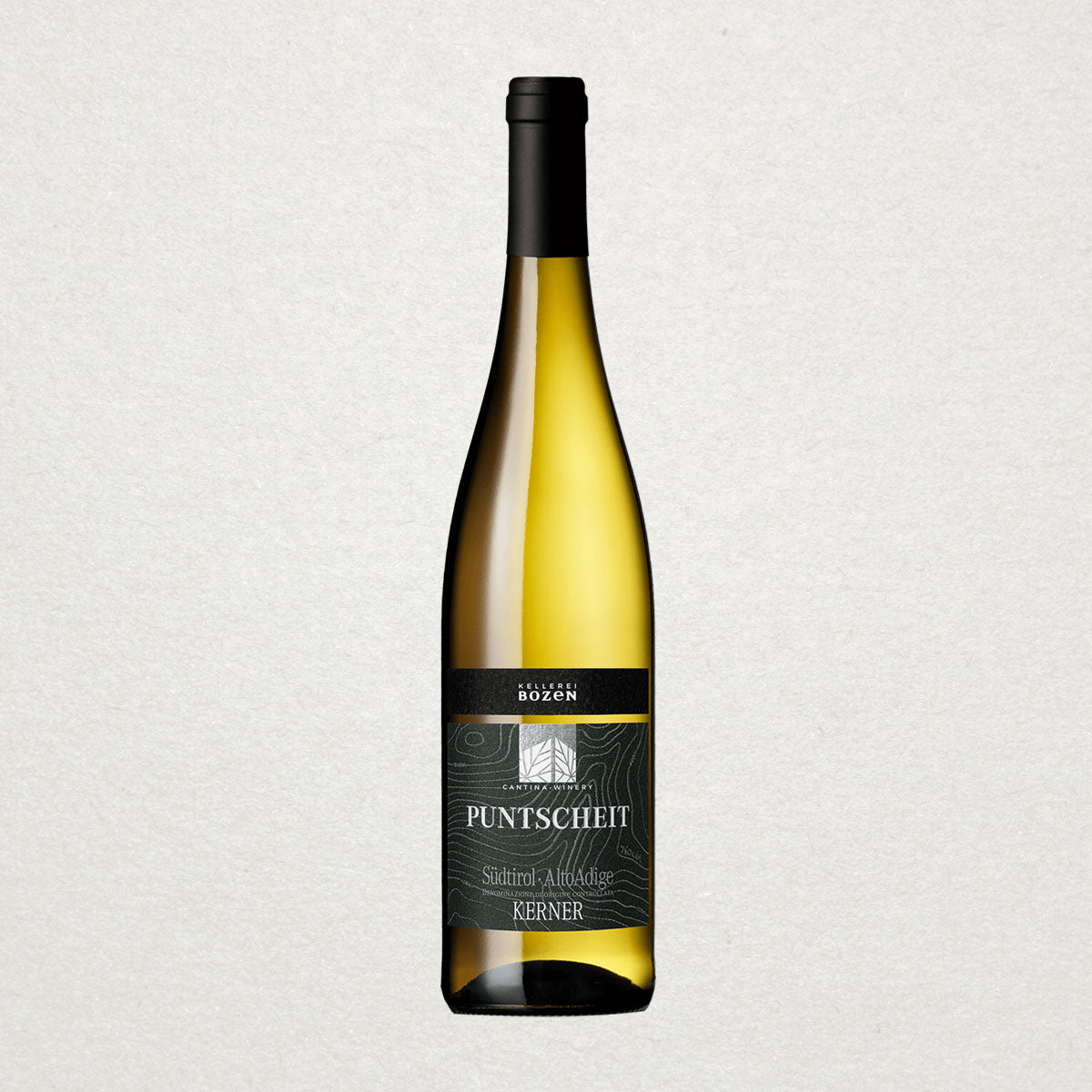 Full bottle of Kellerei Bozen Kerner — a fresh, aromatic white wine from South Tyrol, crafted sustainably with grapes grown at high altitude