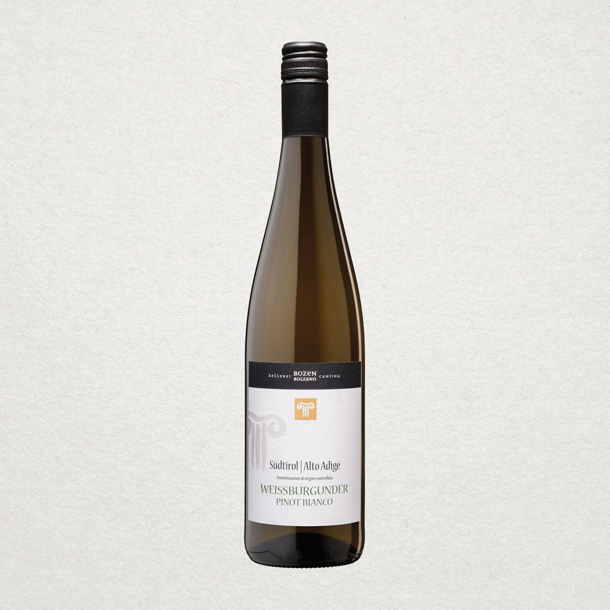 Full bottle of Kellerei Bozen Pinot Bianco — a crisp and mineral-driven white wine from South Tyrol, made with sustainable viticulture at high elevation
