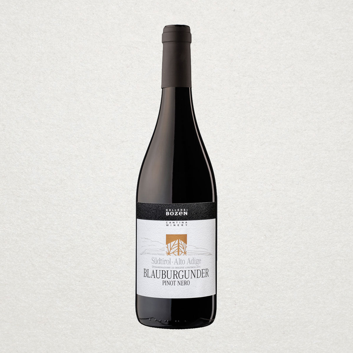 Full bottle of Kellerei Bozen Pinot Nero — a light-bodied, elegant red wine from South Tyrol, crafted with sustainable practices and high-altitude fruit