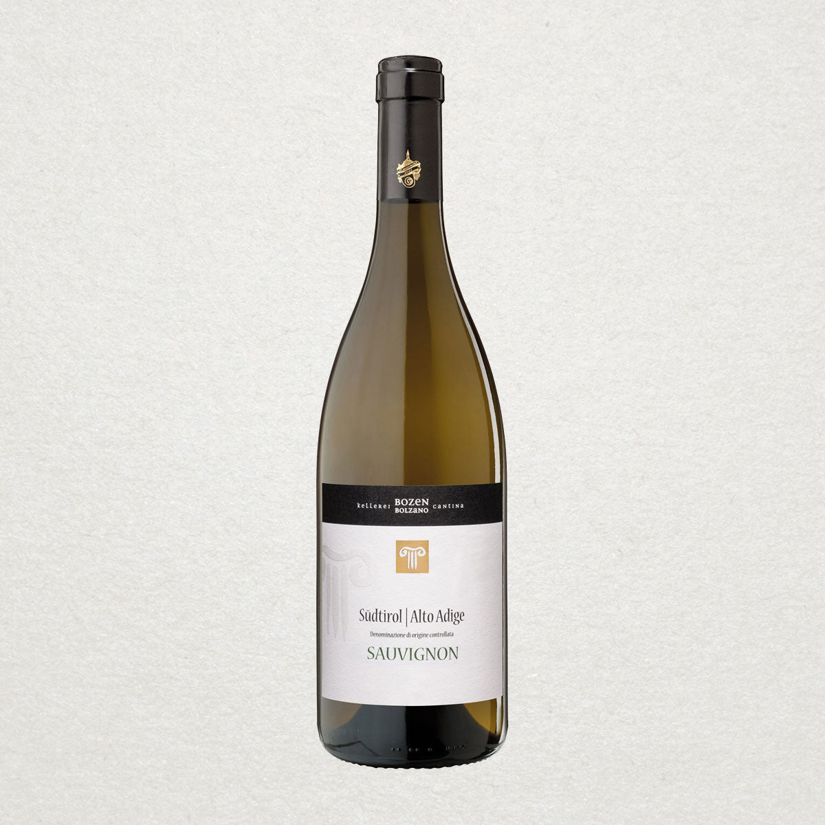 Full bottle of Kellerei Bozen Sauvignon Blanc — a crisp, sustainably produced white wine from South Tyrol, featuring citrus, green herbs, and alpine minerality