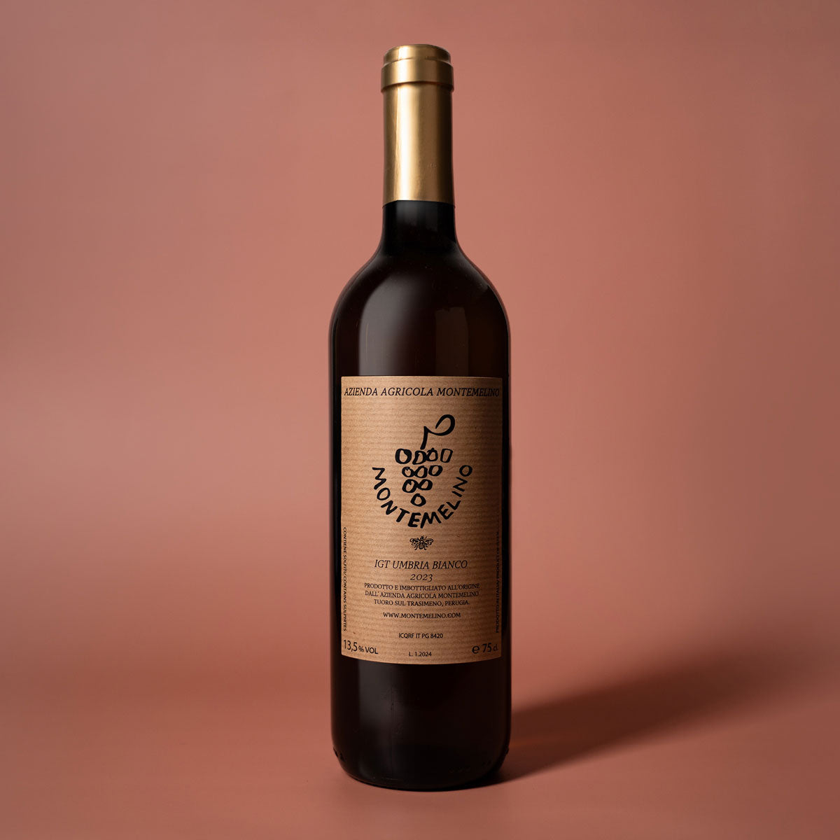 Styled image of Montemelino’s Bianco — a fresh, natural white wine from Umbria, ideal for relaxed dining and seasonal vegetable dishes