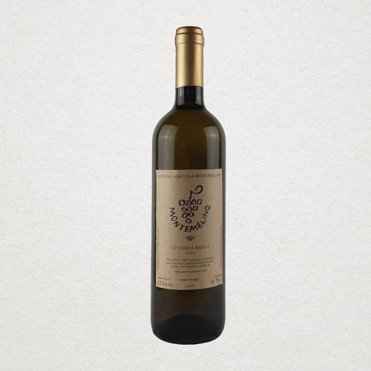 Full bottle of Montemelino Bianco — an artisanal white wine from Umbria, crafted with low-intervention methods and estate-grown organic grapes