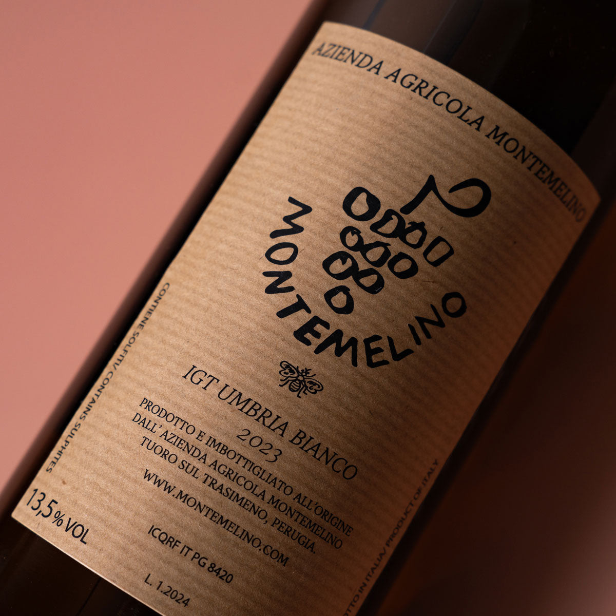 Close-up of Montemelino Bianco label — a certified organic and biodynamic white wine from Umbria, made with native Italian grape varieties