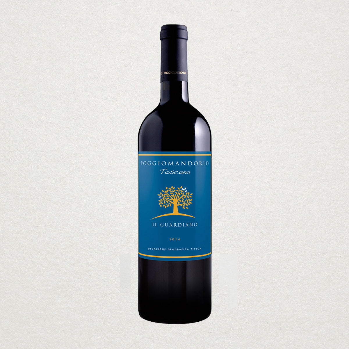 Full bottle of Poggio Mandorlo Il Guardiano — a sustainably produced Sangiovese-based wine from Tuscany, showing purity, structure, and regional identity