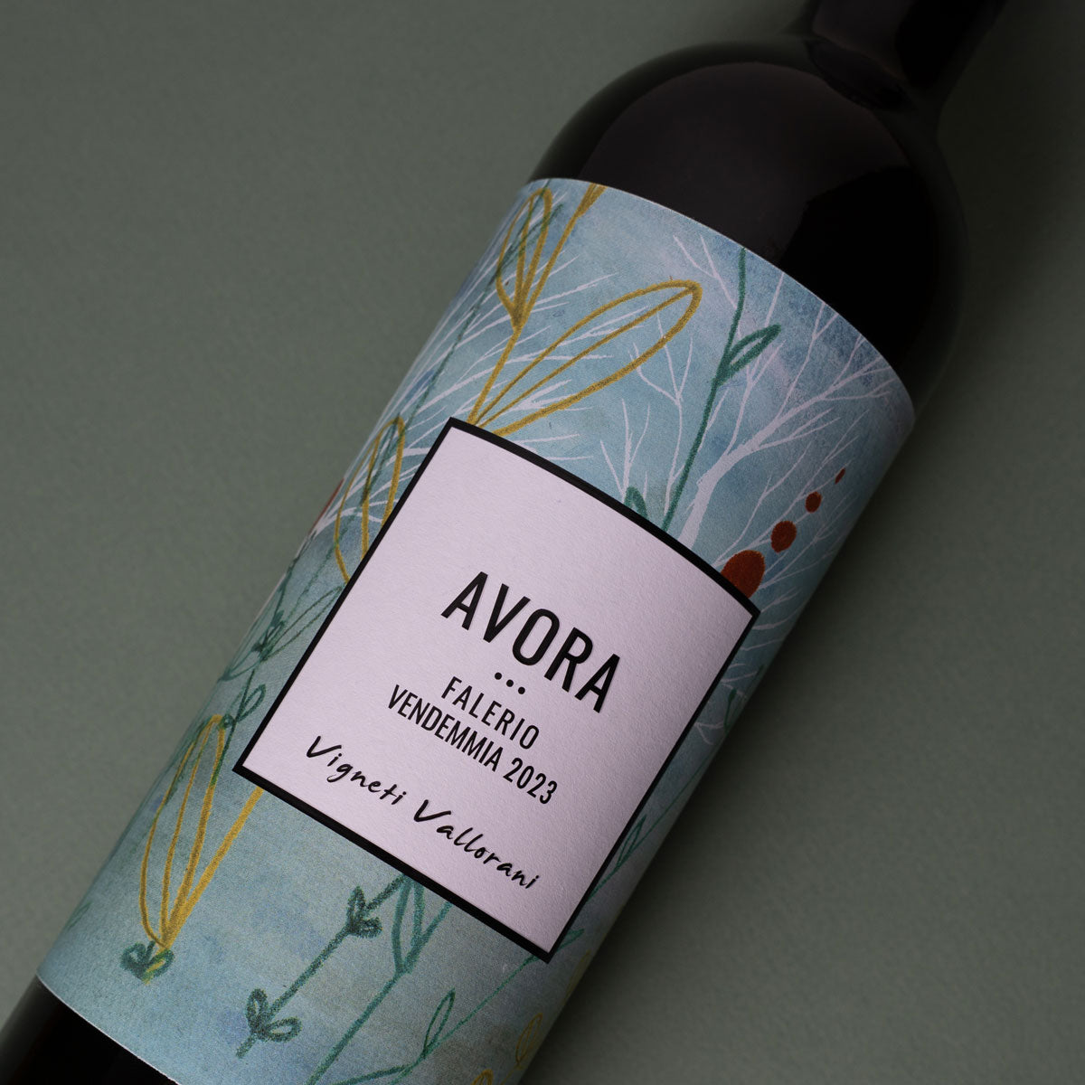 Close-up of Vigneti Vallorani Avora label — an organic and natural white wine from Le Marche, crafted with native grapes and minimal intervention