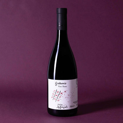 Styled image of Cantina Antonioli’s Grabovio — a natural red wine from the Lombardy Alps, showcasing the balance and depth of Valtellina’s Chiavennasca