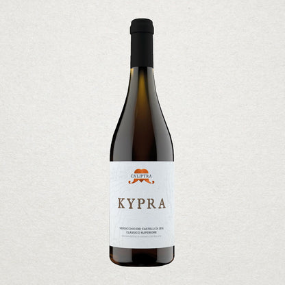Ca’Liptra Kypra displayed in a styled setting, representing natural Italian white wine from Cupramontana, with vibrant acidity and textured depth