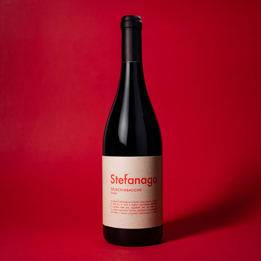 Styled image of Castello di Stefanago’s Mischiabacche Rosso — a wild, fruit-forward natural red wine from Lombardy, crafted with minimal intervention and rustic charm