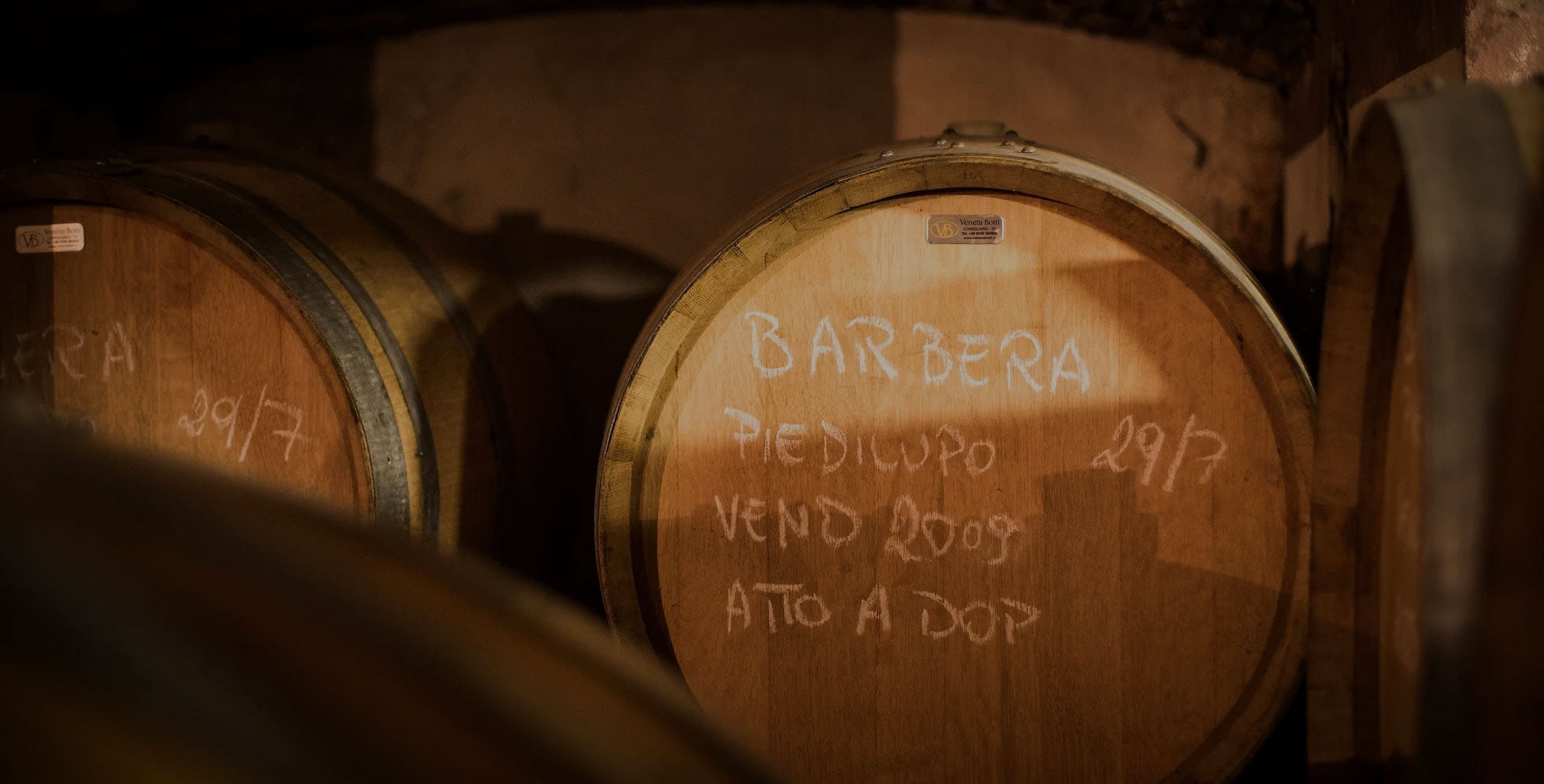 Timber barrels in the cellar at Castello di Stefanago, where natural Barbera wines rest and age — showcasing traditional winemaking techniques and organic practices in Oltrepò Pavese, Italy