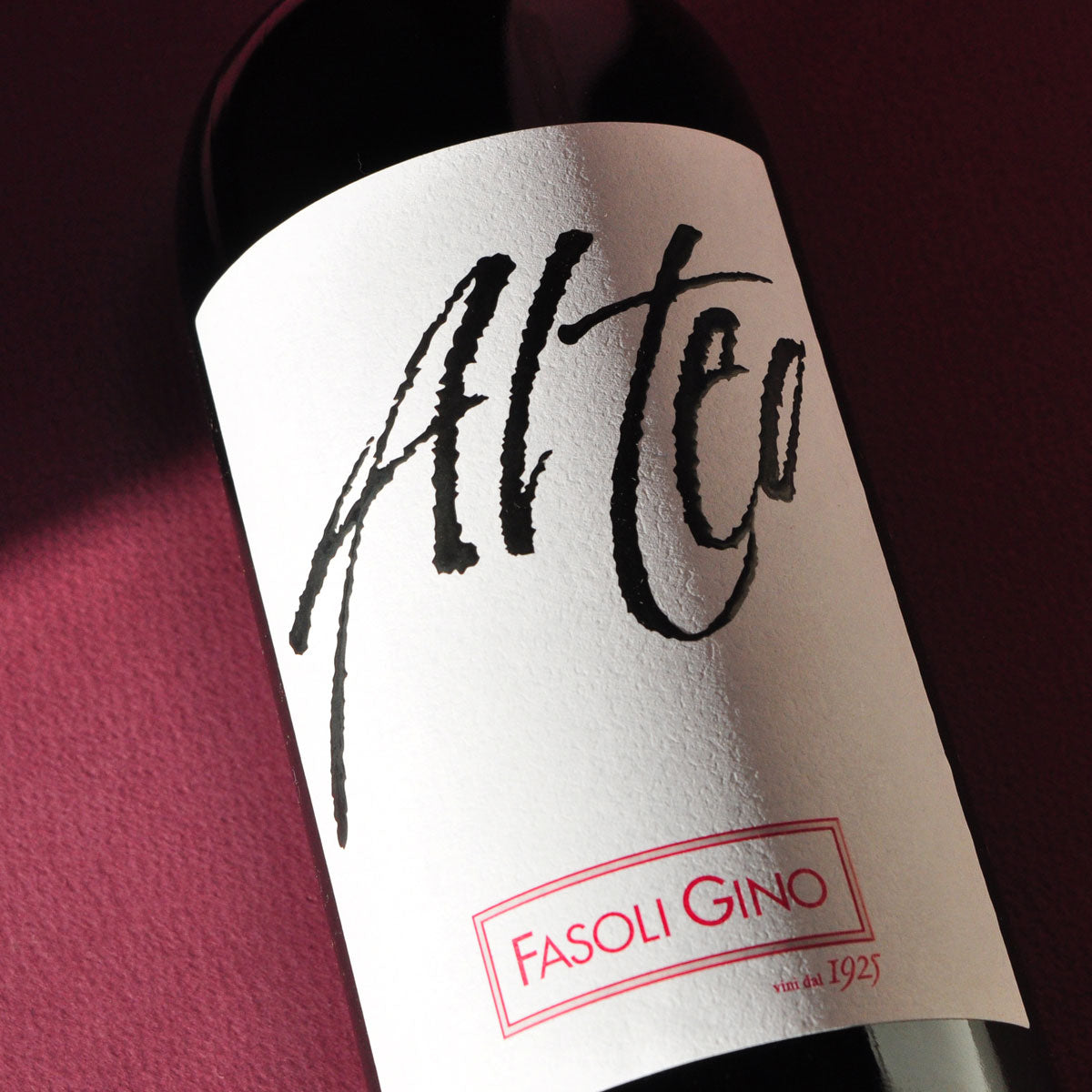 Close-up of Fasoli Gino Alteo label — a biodynamic Amarone della Valpolicella made from dried grapes, showcasing elegance and depth in Verona’s iconic red wine