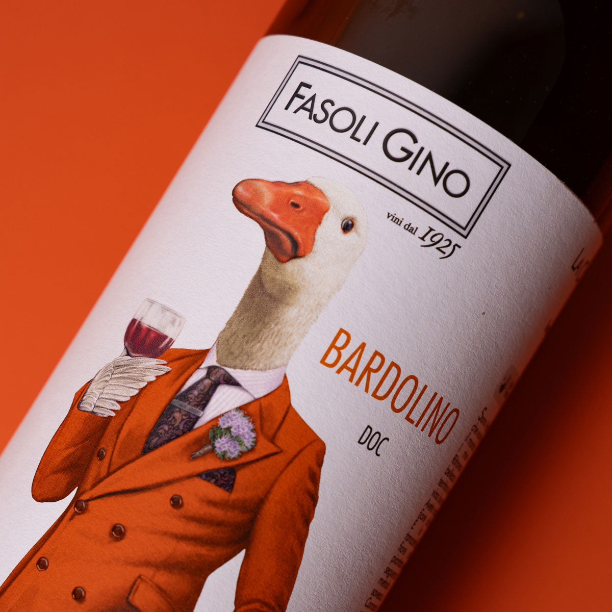 Close-up of Fasoli Gino Bardolino label — a light, biodynamic red wine from Verona, made organically with native Italian grapes