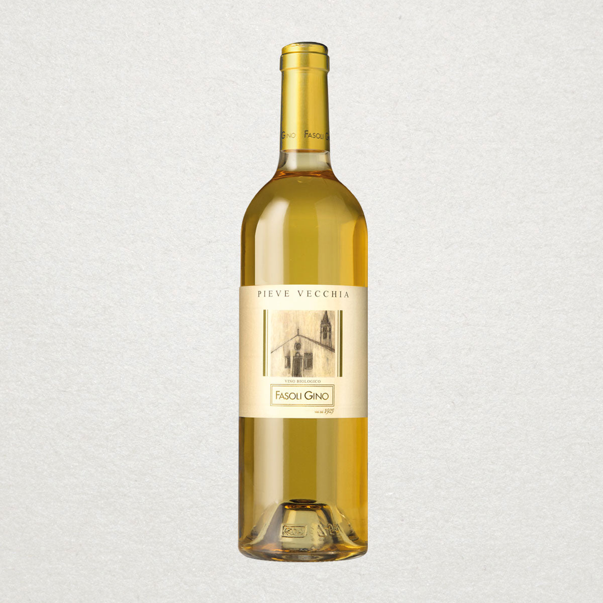 Full bottle of Fasoli Gino Pieve Vecchia — a structured organic white wine from Verona, aged on lees and crafted from biodynamically farmed Garganega grapes