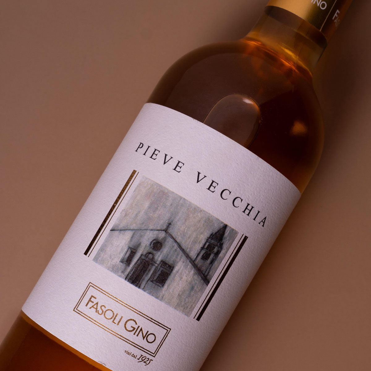 Close-up of Fasoli Gino Pieve Vecchia label — a biodynamic and organic white wine from Veneto, showcasing depth and texture from old-vine Garganega