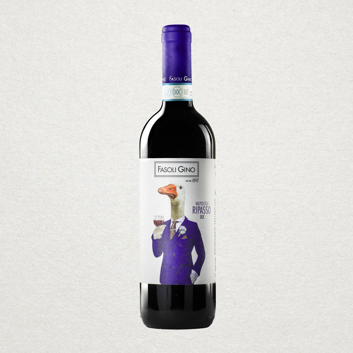 Full bottle of Fasoli Gino Valpolicella Ripasso — an organic Italian red wine with added depth and spice, crafted through biodynamic viticulture and natural fermentation