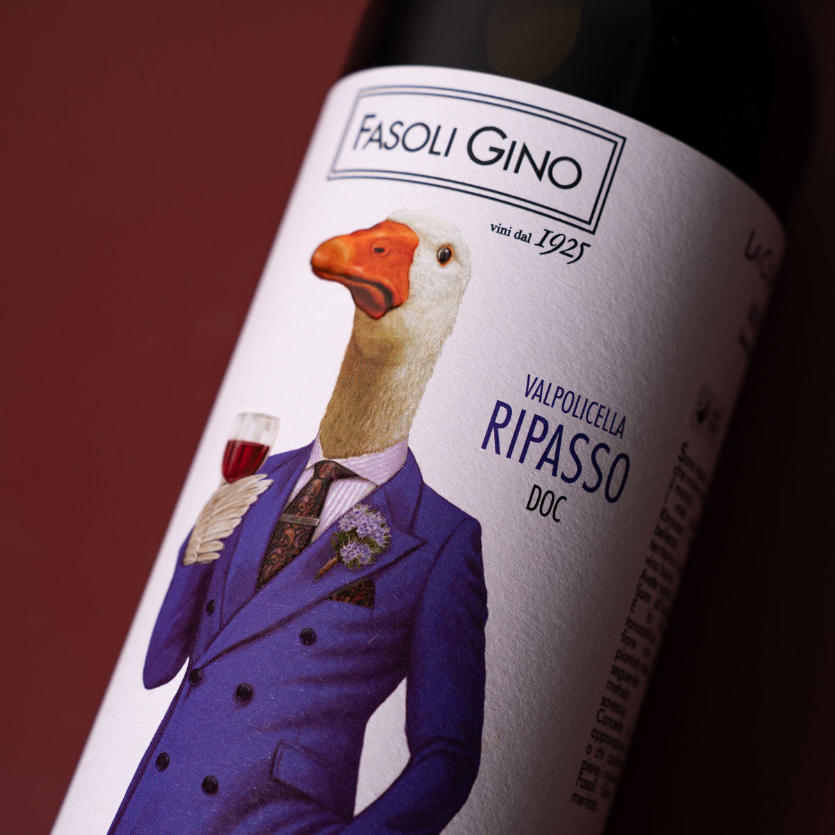 Close-up of Fasoli Gino Valpolicella Ripasso label — a biodynamic and organic red wine from Veneto, produced using the traditional Ripasso method on Amarone lees