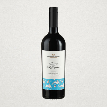 Full bottle of Gabriele Scaglione Barbera — an organic-inspired red wine from Langhe, with juicy red fruit, soft tannins, and sustainable vineyard practices