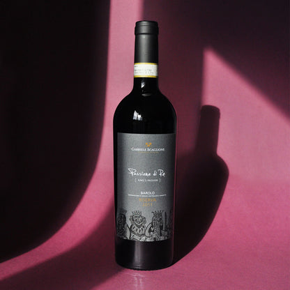 Styled image of Gabriele Scaglione’s Barolo Riserva — a complex and age-worthy Italian red wine, reflecting the heritage and grandeur of the Langhe hills