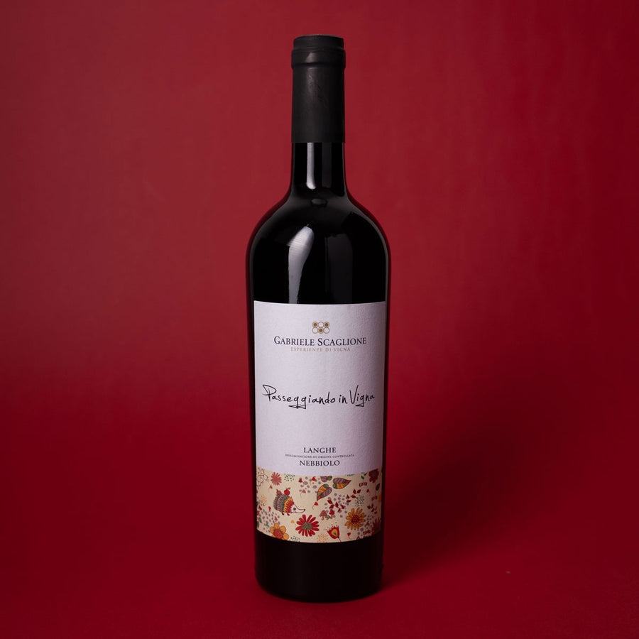 Styled image of Gabriele Scaglione’s Langhe Nebbiolo — a lively and refined Italian red wine made with sustainable farming and minimal intervention