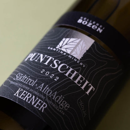 Close-up of Kellerei Bozen Kerner label — a sustainable white wine from Alto Adige, offering floral aromas, crisp acidity, and alpine minerality