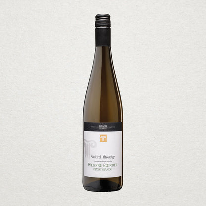 Full bottle of Kellerei Bozen Pinot Bianco — a crisp and mineral-driven white wine from South Tyrol, made with sustainable viticulture at high elevation