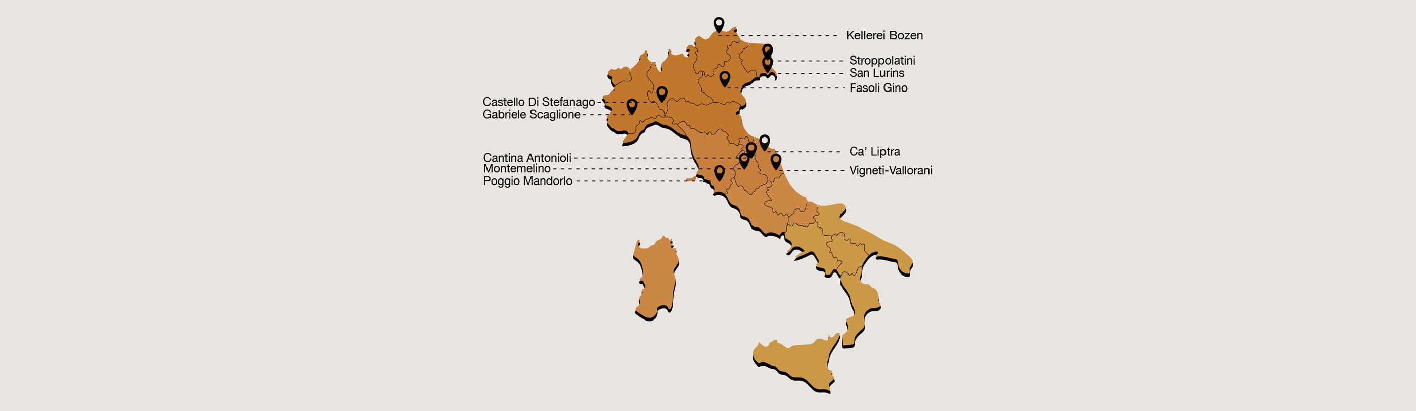 Map of Italy highlighting the locations of InVinus wine producers — showcasing organic, biodynamic, and natural wineries from regions including Piedmont, Veneto, Tuscany, Marche, Umbria, and Friuli