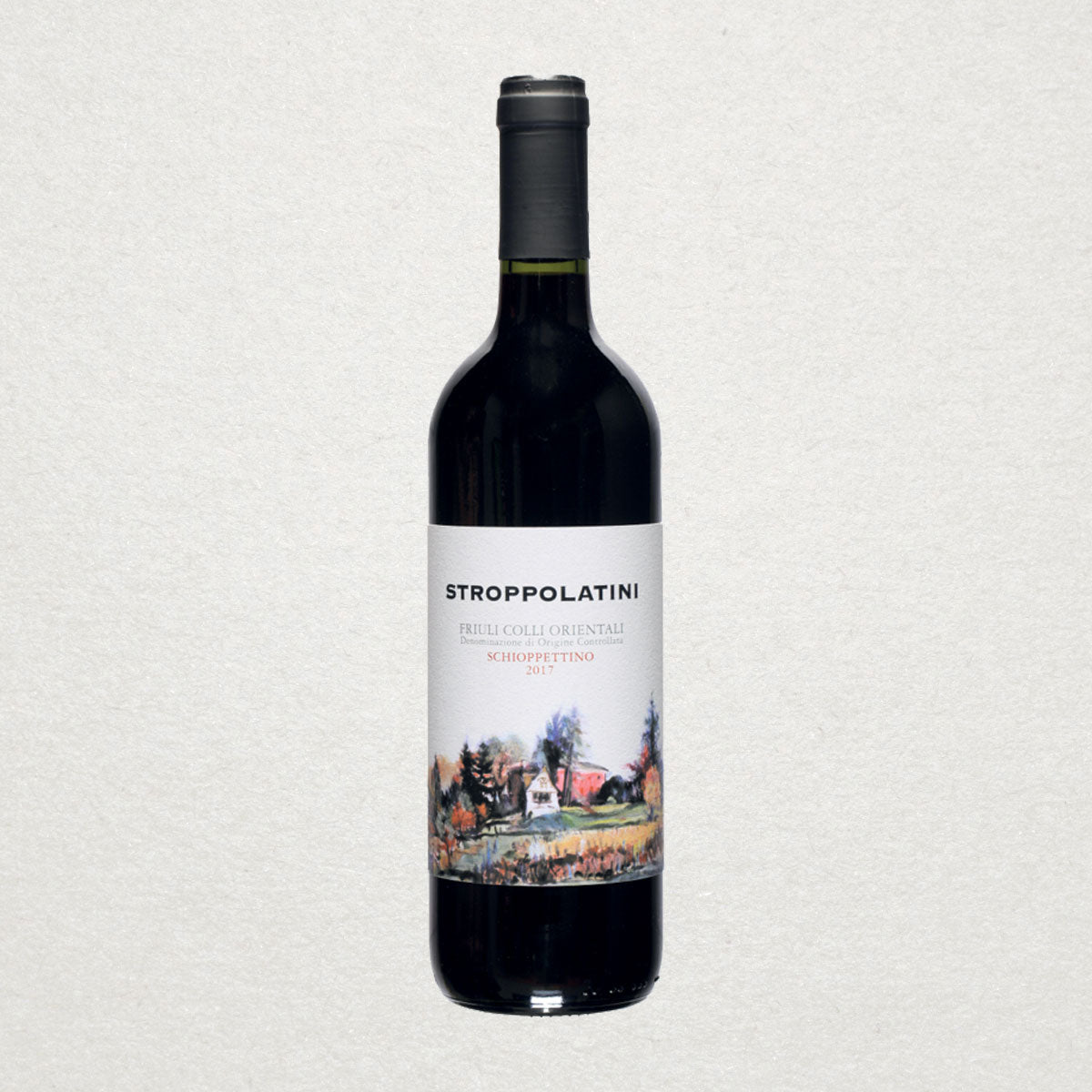 Full bottle of Stroppolatini Schioppettino — an organic red wine from Friuli, showcasing peppery notes, wild berries, and minimal-intervention winemaking