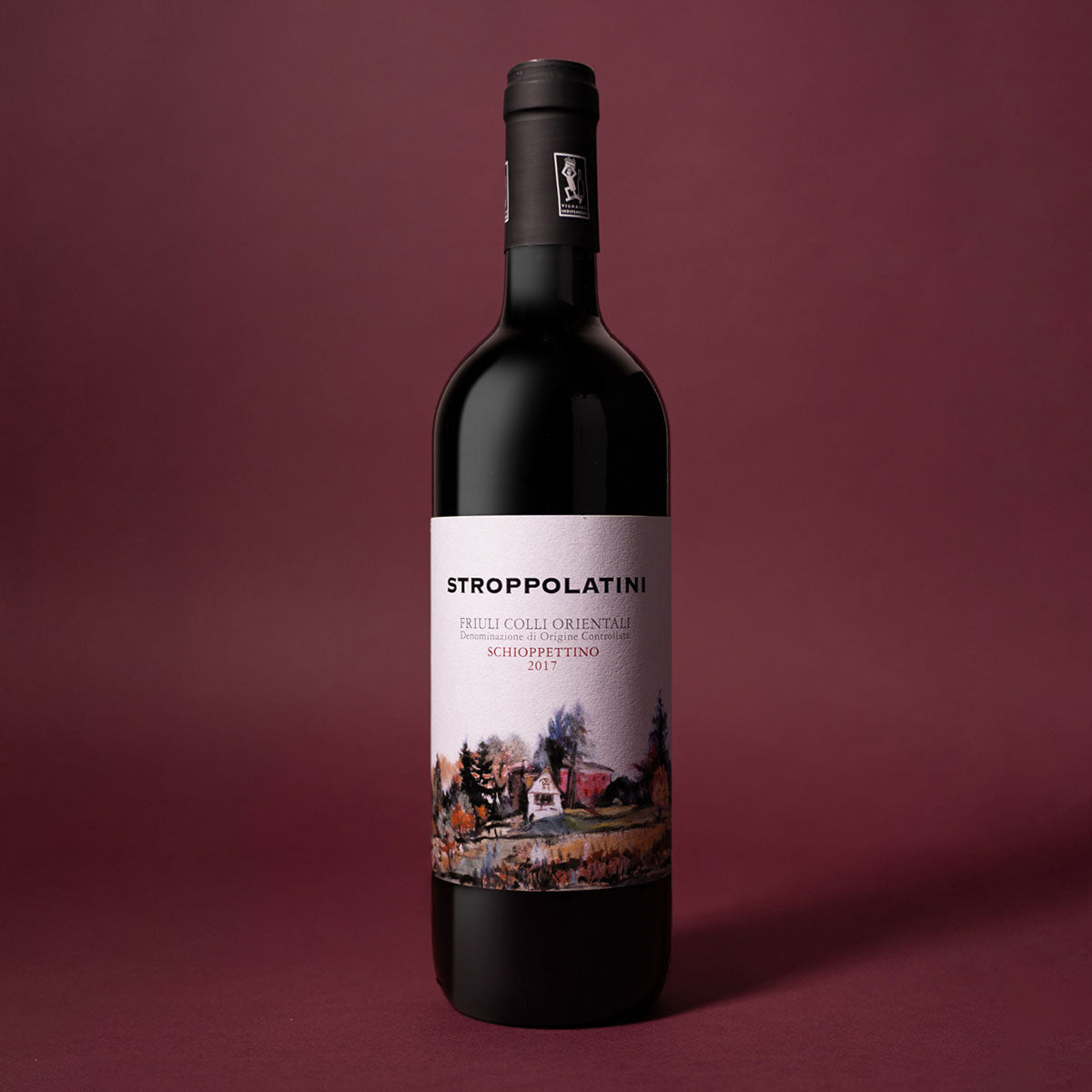 Styled image of Stroppolatini’s Schioppettino — a natural Italian red wine with aromatic depth, crafted from native varietals and organic farming in Friuli
