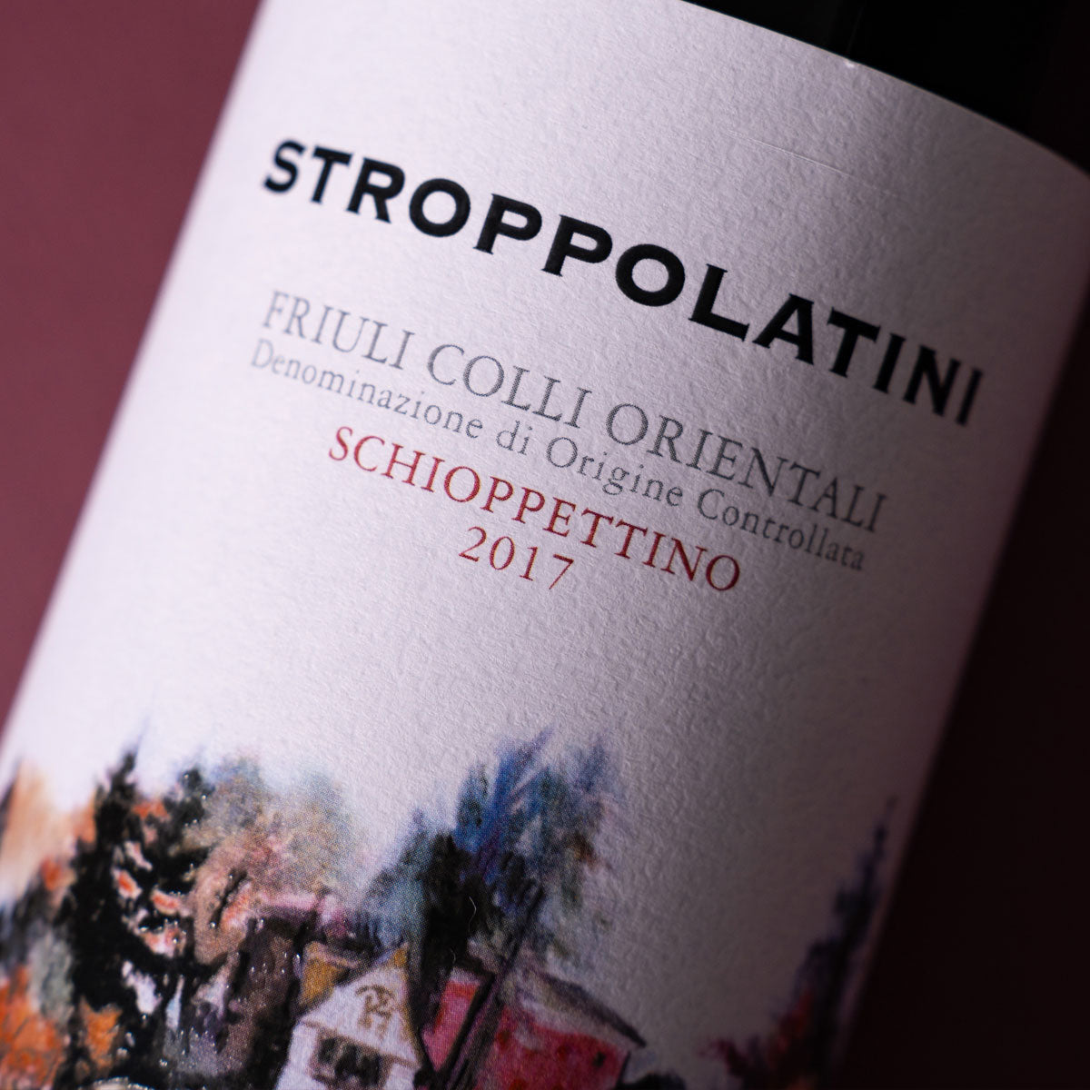 Close-up of Stroppolatini Schioppettino label — a natural and organic red wine from Friuli, made from the native Schioppettino grape with spice and elegance