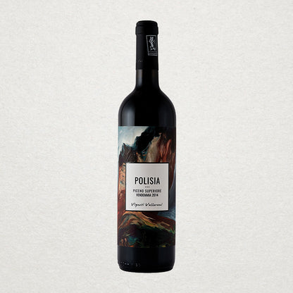 Full bottle of Vigneti Vallorani Polisia — an elegant organic red wine from central Italy, made with minimal intervention and estate-grown grapes